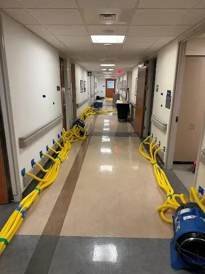 Drying hoses and air movers lining a commercial building hallway